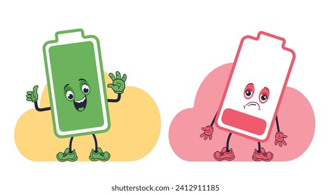 Two cartoon batteries. Green charged and red discharged. Full charging. Happy or sad mascots. Electrical power. Rechargeable accumulators. Overworked and active chargers