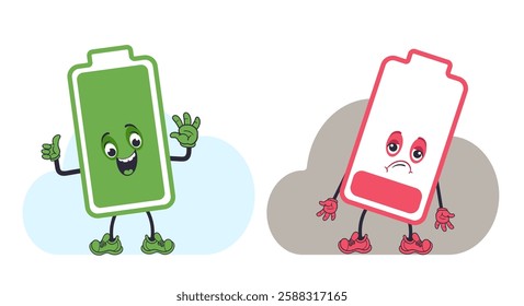 Two cartoon batteries. Green charged and red discharged mascots. Low energy. Full charging. Electrical power. Rechargeable accumulators. Overworked and active chargers