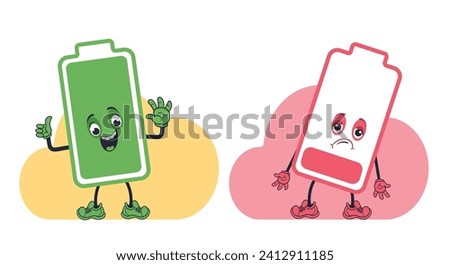 Two cartoon batteries. Green charged and red discharged. Full charging. Happy or sad mascots. Electrical power. Rechargeable accumulators. Overworked and active chargers