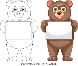 Two cartoon bears with blank signs for messages