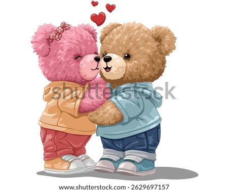 Two cartoon bears hugging with hearts above
