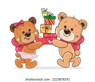 Two cartoon bears in love with a heart and a present boxes on a white background. Valentines day card vector illustration