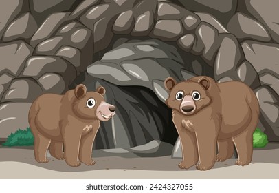 Two cartoon bears near a rocky cave entrance