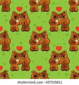 Two cartoon bears on a green background. Seamless pattern.
