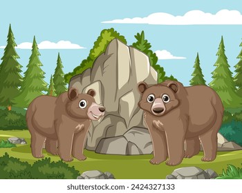 Two cartoon bears smiling near a large rock