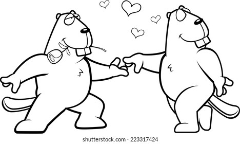 Two cartoon beavers happy and in love.