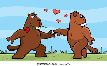 Two cartoon beavers in love with each other.