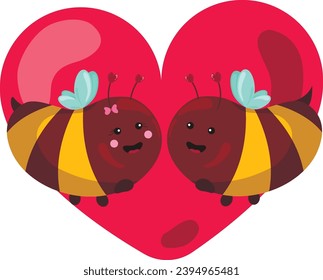 Two cartoon bees in love on a heart background