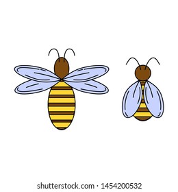 two cartoon bees, Vector icon of bees for design and web isolated on white background.