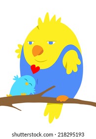 Two cartoon birds in love, one large yellow and blue bird with a cute little turquoise bird snuggling up at its feet with a romantic red symbolic heart, vector illustration on white