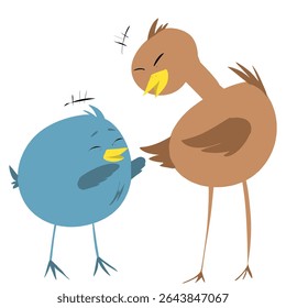 Dois pássaros de desenho animado, um azul e um marrom, rindo juntos, expressando calor e alegria da amizade.