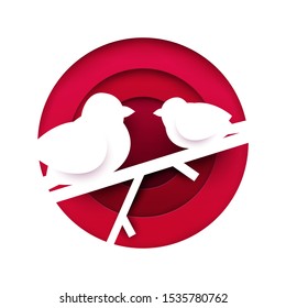 Two cartoon birds in paper cut trendy craft cartoon style. Christmas, new year modern design for advertising, branding background greeting card, cover, poster, banner. Vector illustration.