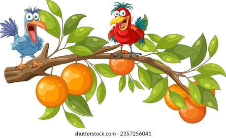 Two cartoon birds perched on an orange tree branch, enjoying the sunny day