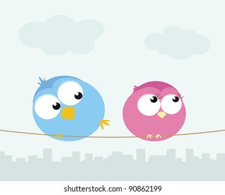 Two cartoon birds sitting on a wire. Vector illustration