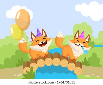 Two cartoon birthday foxes standing on bridge. Flat vector illustration. Happy little foxes with birthday hats, whistle blowers, colorful balloons enjoying holiday. Party, animal, birthday concept