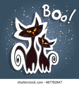 Two cartoon black cats on a dark blue background.