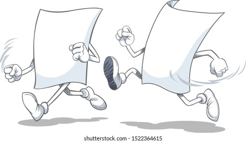 Two cartoon blank paper characters running . Vector illustration isolated on white background.