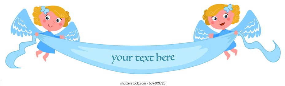 Two cartoon blue angels with wings holding a blank banner for your text. Vector illustration.