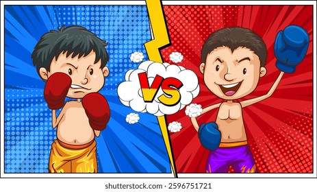 Two cartoon boxers facing off in a ring