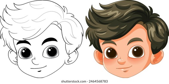 Two cartoon boy faces, one colored, one outlined