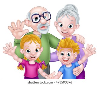 Two cartoon boy and girl kids grandchildren with their grandparents grandfather and grandmother