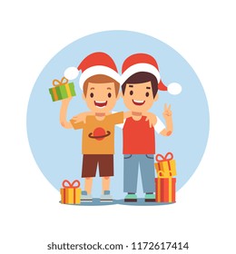 Two cartoon boys celebrate Christmas and New Year on white background. Vector illustration