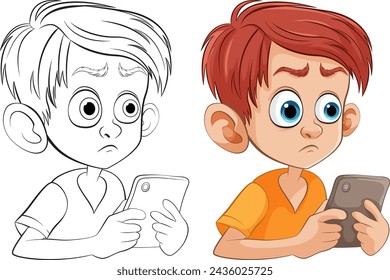 Two cartoon boys looking worried while holding tablets