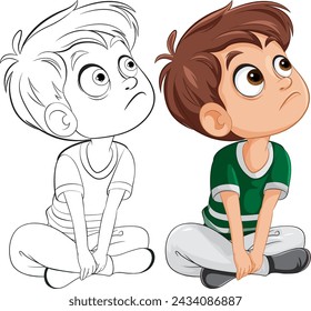 Two cartoon boys sitting, gazing upwards with curiosity.