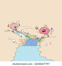 Two cartoon brain characters are running across a waterfall, one with cotton candy and a worm, the other with a clock and a container.
