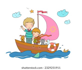 Two cartoon brothers. Funny dad and son.
Little boat captains. Marine themed party. Birthday for a boy.