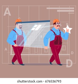 Two Cartoon Builders Carry Glass Wearing Uniform And Helmet Construction Worker Over Abstract Plan Background Male Workman Flat Vector Illustration