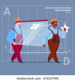 Two Cartoon Builders Carry Glass Wearing Uniform And Helmet Construction Worker Over Abstract Plan Background Male Workman Flat Vector Illustration