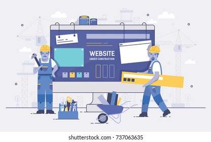 Two cartoon builders holding and carrying repair tools against computer screen on background. Concept of website under construction, web page maintenance or error 404. Colorful vector illustration.