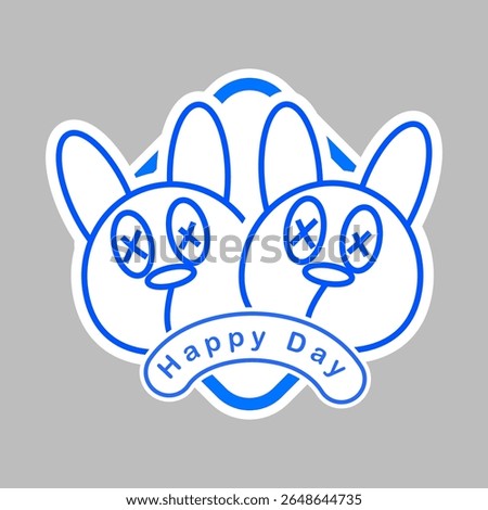 Two cartoon bunnies with crossed-out eyes, outlined in blue, with the words 