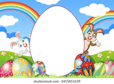 Two cartoon bunnies with decorated eggs and rainbow.