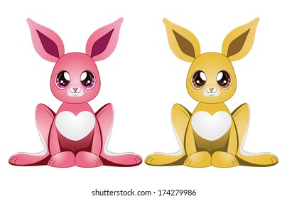 Two cartoon bunnies of pink and yellow colors.