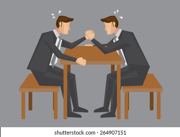 Two cartoon business executive trying hard to win each other in arm wrestling. Vector illustration isolated in grey background.