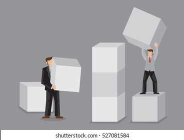 Two Cartoon Business Persons Holding Huge Building Block. Creative Vector Illustration For Building Business From Scratch Concept Isolated On Grey Background.