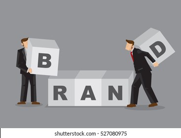 Two cartoon business professionals carry huge building block to form word BRAND. Creative vector illustration for branding and brand building for business concept isolated on grey background.