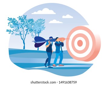 Two Cartoon Businessmen Characters Carrying Dart Arrow towards Flat Point Target. Motivation Vector Cutout Illustration. Effective Business Strategy and Management. Teamwork. Natural Backdrop