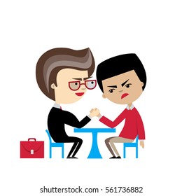 Two cartoon businessmen engaged in an arm wrestle. Vector illustration. Flat design. Business competition concept. Struggle between rivals. Metaphor of trial, compete, rivalry,  duel, contention.
