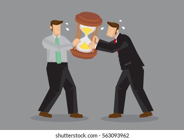 Two cartoon businessmen pulling at a huge hourglass sand clock. Creative vector illustration on metaphor for fighting for time isolated on plain background.