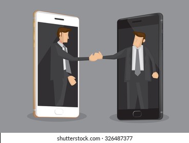 Two cartoon businessmen reaching out from mobile phones for a handshake. Creative vector illustration on concept of the role of technology in business isolated on grey background.