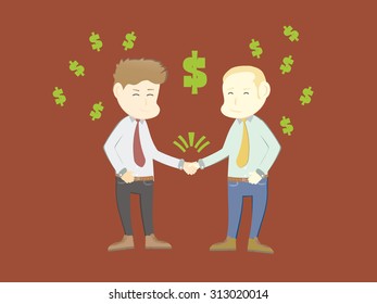 two cartoon businessmen shake hands as a sign of a successful deal, Greeting men handshake, dollar symbol