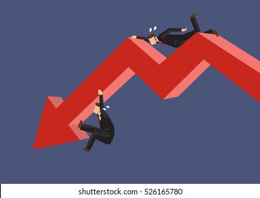 Two cartoon businessmen struggling to hang on a red bold arrow depicting a downward trend. Creative vector illustration on metaphor for working hard in poor performing business. 