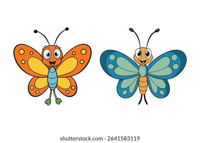 Two cartoon butterflies with different wing colors on white