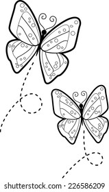 Two cartoon butterflies flying in the air.