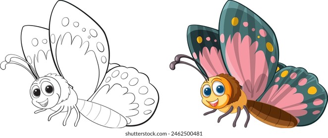 Dos mariposas de dibujos animados, una coloreada, otra delineada