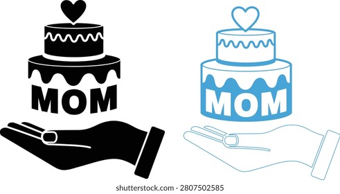 Two cartoon cakes decorated with hearts and the word Mom supported by a hand