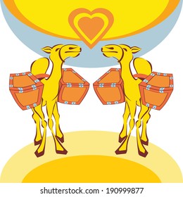 Two cartoon camel lovers with hearts and baskets on their backs